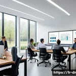 디지털 마케팅 프로젝트 관리 팁 - A modern digital marketing team in a bright, open office space, collaborating efficiently around a l...