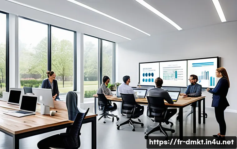 디지털 마케팅 프로젝트 관리 팁 - A modern digital marketing team in a bright, open office space, collaborating efficiently around a l...