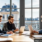 디지털 마케팅 A B 테스트 실전 활용법 - A modern office scene showing a diverse team of French marketing professionals collaborating on A/B ...