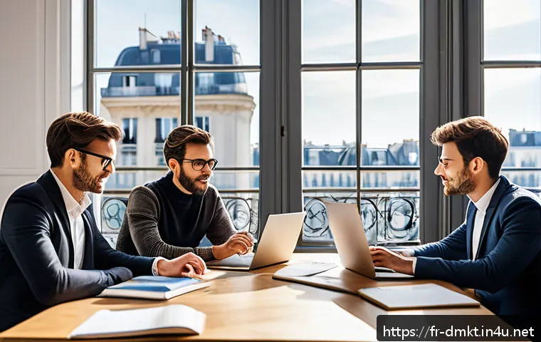 디지털 마케팅 A B 테스트 실전 활용법 - A modern office scene showing a diverse team of French marketing professionals collaborating on A/B ...