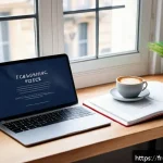 디지털 마케팅 필수 서적 추천 - A modern French digital marketing workspace featuring a sleek laptop displaying SEO analytics and so...