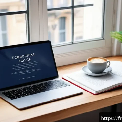 디지털 마케팅 필수 서적 추천 - A modern French digital marketing workspace featuring a sleek laptop displaying SEO analytics and so...
