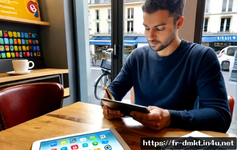 SNS 마케팅 알고리즘 이해하기 - Photorealistic French small-business owner in a bright Parisian café workspace, studying a tablet wi...